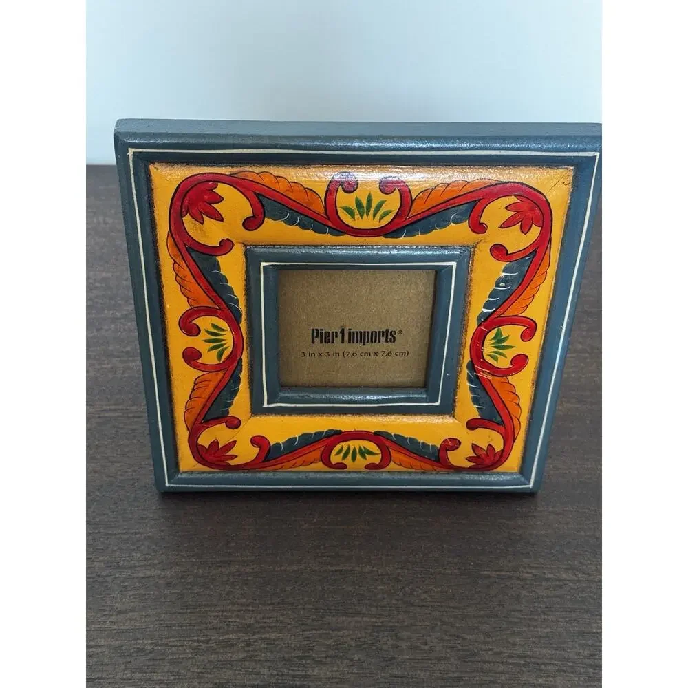 Pier 1 Imports Wooden Picture Frame Square Folk Art Boho Colorful Distressed
